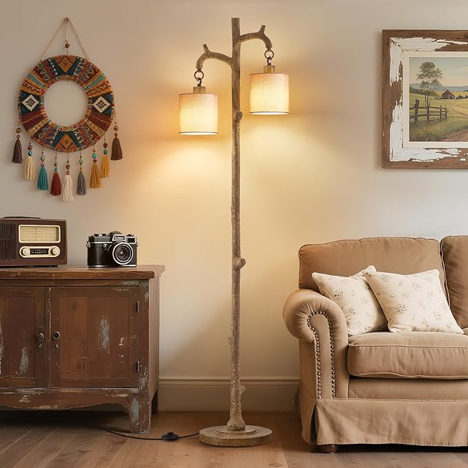 Rustic Floor Lamp for Living Room - Newly Upgraded Heavy-Duty Resin Base Farmhouse Floor Lamp with 2 Country Vintage Reading Light - Standing Lamps for Bedroom Office Home Decor (Brown, 2 Bulbs) - Bloomnest