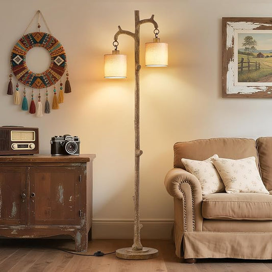 Rustic Floor Lamp for Living Room - Newly Upgraded Heavy-Duty Resin Base Farmhouse Floor Lamp with 2 Country Vintage Reading Light - Standing Lamps for Bedroom Office Home Decor (Brown, 2 Bulbs) - Bloomnest