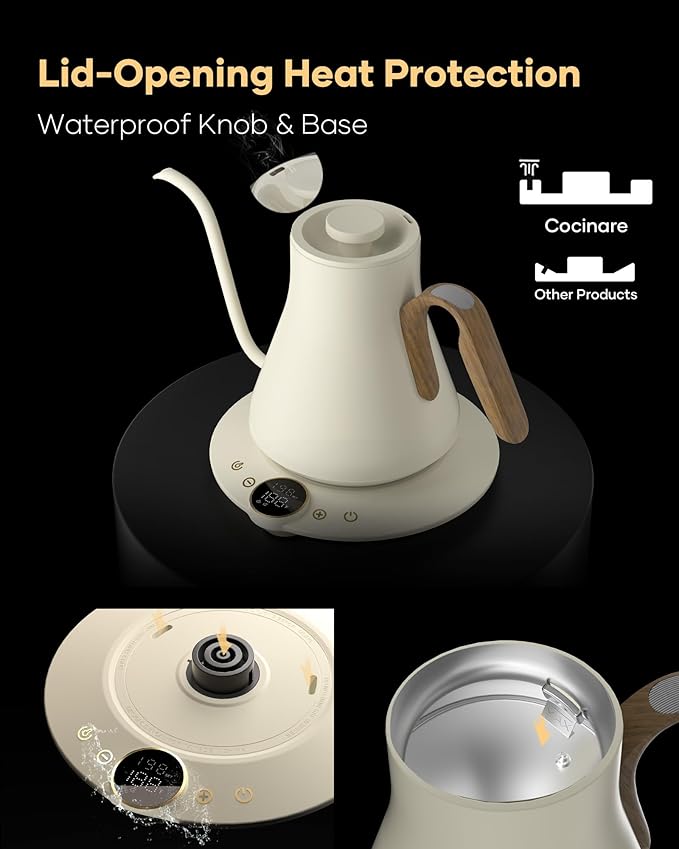 Cocinare FLOW B9 Gooseneck Electric Kettle, Precise Temperature Control for Pour-Over Coffee & Tea Brewing, Stainless Steel Interior, Rapid Heating for Boiling Water 1500W/0.9L (Morandi White) - Bloomnest