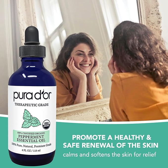 PURA D'OR Organic Peppermint Essential Oil (4oz with Glass Dropper) 100% Pure & Natural Therapeutic Grade - Hair, Body, Skin, Aromatherapy Diffuser, Massage, Refreshens, Energy, Mood, Home, DIY Soap - Bloomnest