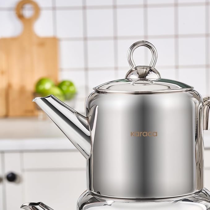 Karaca New Mani Turkish Tea Set for Stovetop, Induction Base Stainless Steel Tea Maker (1L Teapot & 2L Tea Kettle), Dishwasher Safe, Non-Burning Handles Samovar Style - Bloomnest