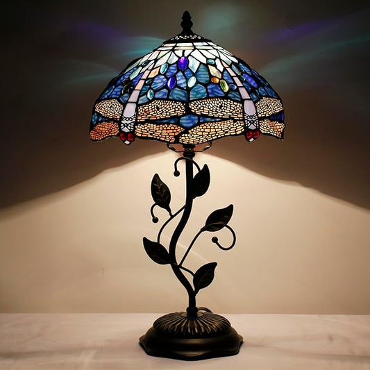 Tiffany Lamp Table Lamp Stained Glass Desk Lamps 12X12X19 Inches Reading Light Decor Bedroom Living Room (Blue Cloudy Dragonfly Style) - Bloomnest