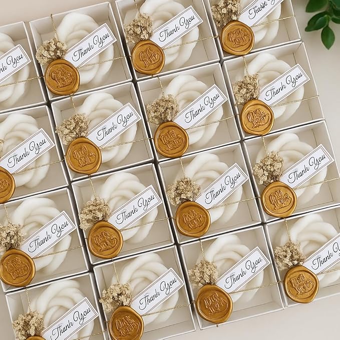 White Rose Petal Soy Wax Candles in Bulk – Rose Candle Wedding Favors for Guests, Personalized Candle Favors for Bridal Shower & Baby Shower Gifts – Dried Flower & Wax Seal Design (150 Pieces) - Bloomnest