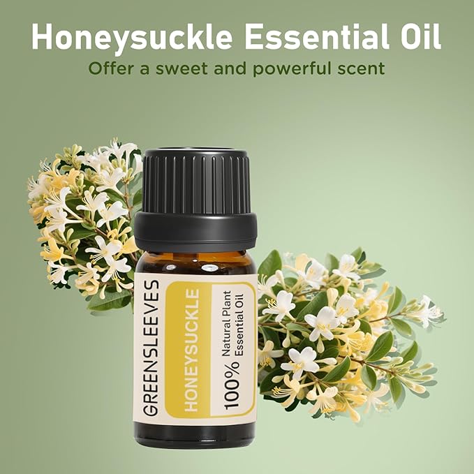 GREENSLEEVES Honeysuckle Essential Oil, 10ml Pure Plant-Based Fragrance Oil for Aromatherapy, Essential Oils for Diffuser, Air Freshener, Massage, Bath Bomb, Scented Candle Soap Making GREENSLEEVES
