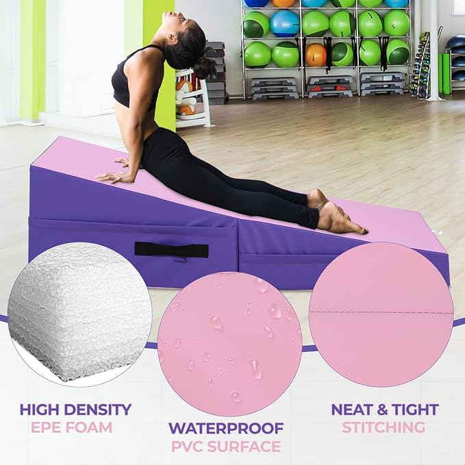 Gymnastics Mat Incline Tumbling Mats yoga mat for Home Gym, Folding Exercise Mat with Non-Slip PU Surface & Handles, Cheese Wedge Mat - Bloomnest