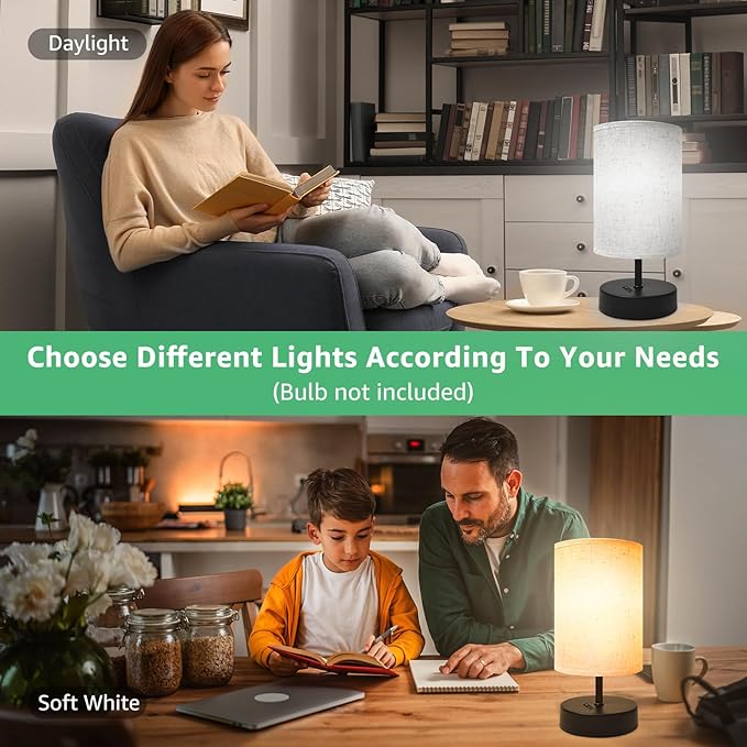 Small Table Lamp, Minimalist with Flaxen Shade, 9 Inch Design for Bedroom & Dorm Room, 2 Pack - Bloomnest