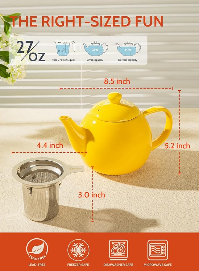 Sweese Teapot, Porcelain Tea Pot with Stainless Steel Infuser, Blooming & Loose Leaf Teapot - 27 ounce, Yellow - Bloomnest