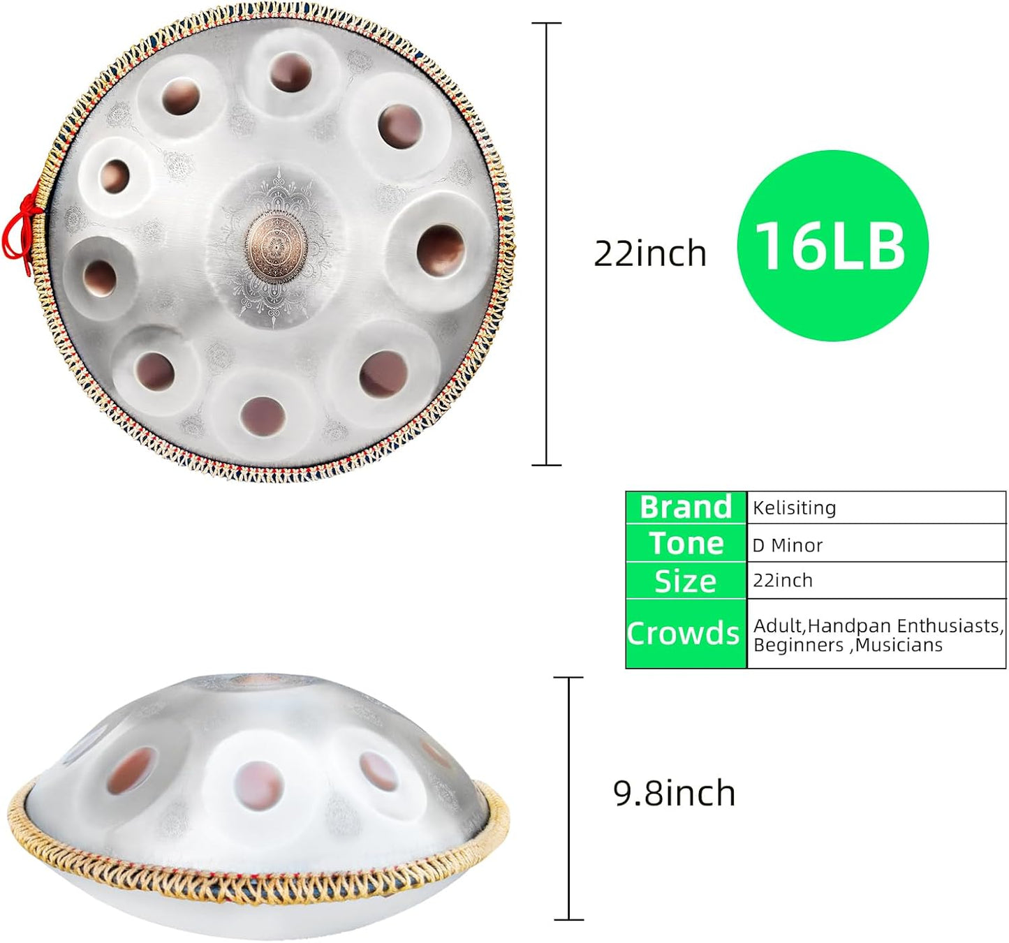 Handpan Drum,22inch 10 Sounds D Minor Silver Print 432hz Handpan,Adult's Steel Hand Pan Instrument,Sounds Clean Clear Ethereal