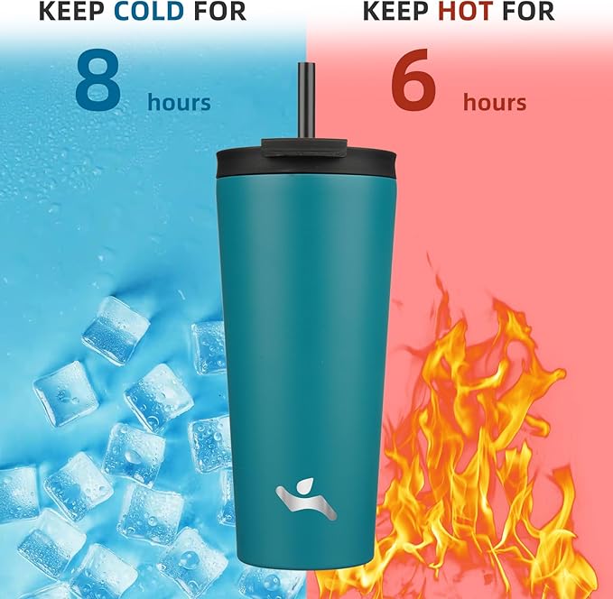 22 OZ Insulated Tumbler with Lid and 2 Straws Stainless Steel Water Bottle Vacuum Travel Mug Coffee Cup,Blue - Bloomnest