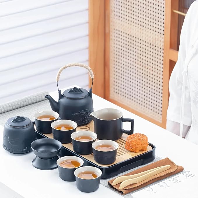ICHAG Chinese Tea Set, Japanese Tea Sets for Adults, 15-Piece Porcelain Gongfu Tea Set with Tea Pet & Tea Tray, Japanese Teapot Set, Travel Tea Party Set, for Home/Office/Outdoor/Gifts (Black) - Bloomnest