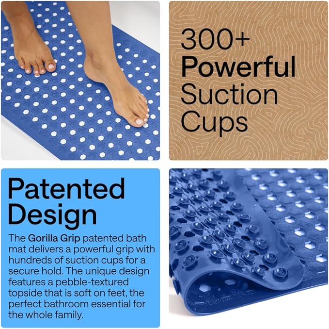 GORILLA GRIP Patented Bath Tub Shower Mat, Machine Washable Bathtub Floor Liner Mats, Suction Cups and Drain Holes to Keep Tubs Clean, Soft on Feet, Bathroom Essentials, 35x16 Inch, Royal Blue Opaque - Bloomnest