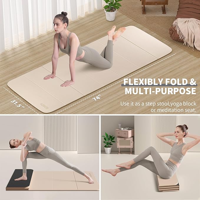 8mm Extra Thick & Large Foldable Yoga & Fitness Mat(74" x 31.5" x 0.32"), Double-Sided Non Slip & Lightweight Pilates Mat, Thick Wide Exercise Mats for Woman Man Kids, Portable Workout Mats for Travel, Studio or Home Use - Bloomnest