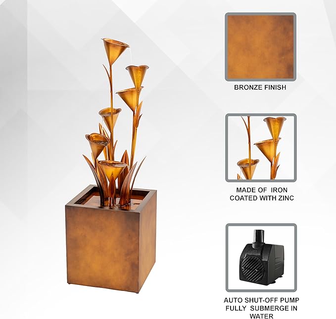 XBrand Freestanding Sculptural Metal Multi-Tiered Flower Water Fountain, No LED Lights, Bronze, 46" Tall - Bloomnest