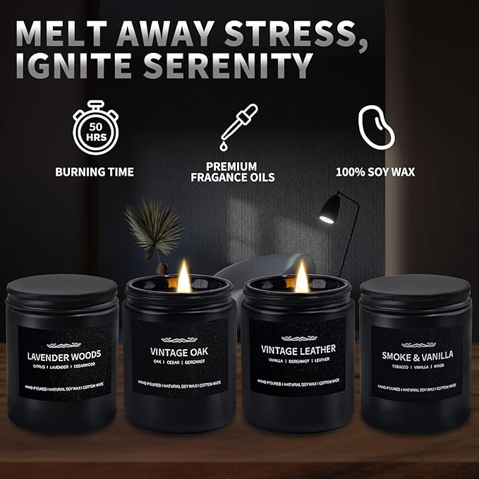 Scented Candle Set, Men Candle Set, Scented Candles for Home, Gifts for Men, 28 oz 200 Hour Burn Time,4 Pack Manly Gifts Soy Candles of Cedar Oakmoss/Pine&Clove/Patchouli/Sandal Wood - Bloomnest
