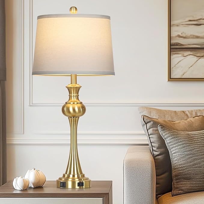 28.75" Modern Table Lamps Set of 2, Gold Bedside Lamp with USB A+C & AC Outlet,Brass Unique Desk Lamps for Living Room, Bedroom, Nightstand, End Table (2 Bulbs Included) - Bloomnest