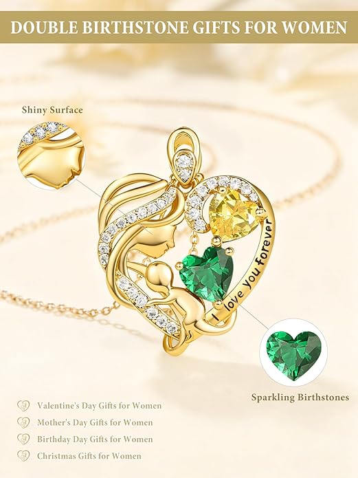 14K Gold Double Birthstone Heart Necklace for Women Mom, Mother Son/Daughter Pendant Necklace for Christmas Mother's Day Birthday Gifts for Wife Daughter Grandmom - Bloomnest
