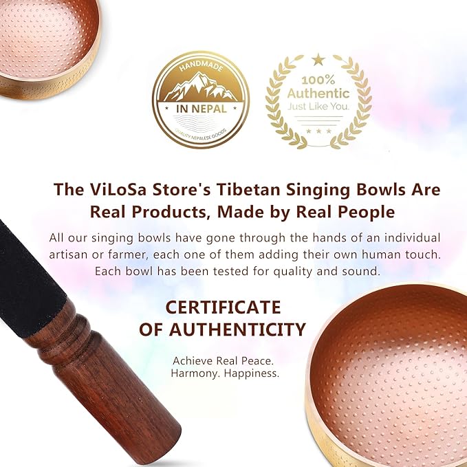 Tibetan Singing Bowl Set — Meditation Sound Bowl Handcrafted in Nepal, Long Lasting Sound for Deep Calming Relaxation, Meditation, and Sound Bowl Healing | Includes Mallet & Cushion(5") ViLoSa