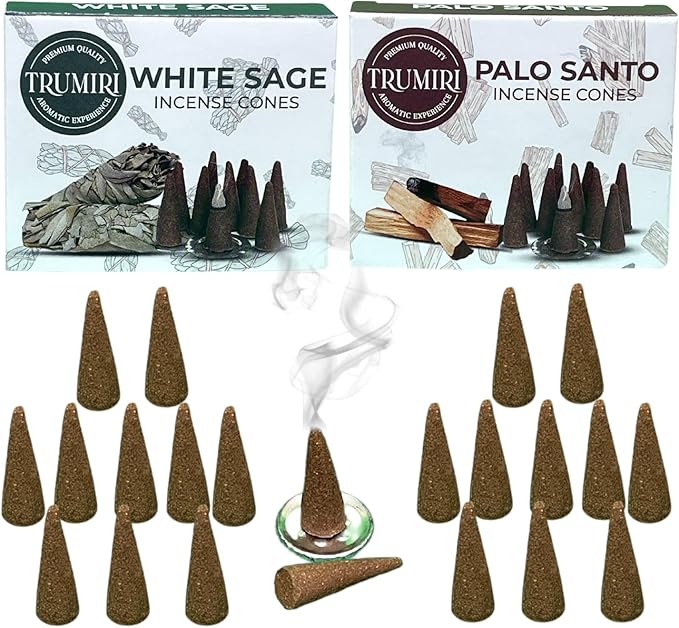 TRUMIRI Incense Cones - Combo Pack of 20 Cone Incense - 10 Palo Santo + 10 White Sage - Insence Cones - Incense Cones Scented - Cone Incense Scents - Insense Cones - Incent Cone TRUMIRI