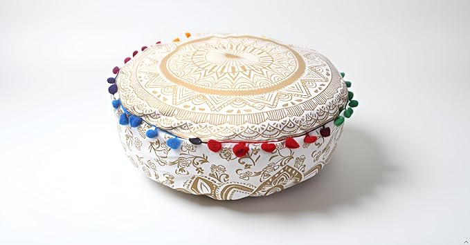 INDIAN CRAFT CASTLE ICC Mandala Barmeri Large Floor Pillow Cover Cushion Meditation Seating Ottoman Throw Cover Hippie Decorative Zipped Bohemian Pouf Ottoman Cases Gold, 18" Round - Bloomnest