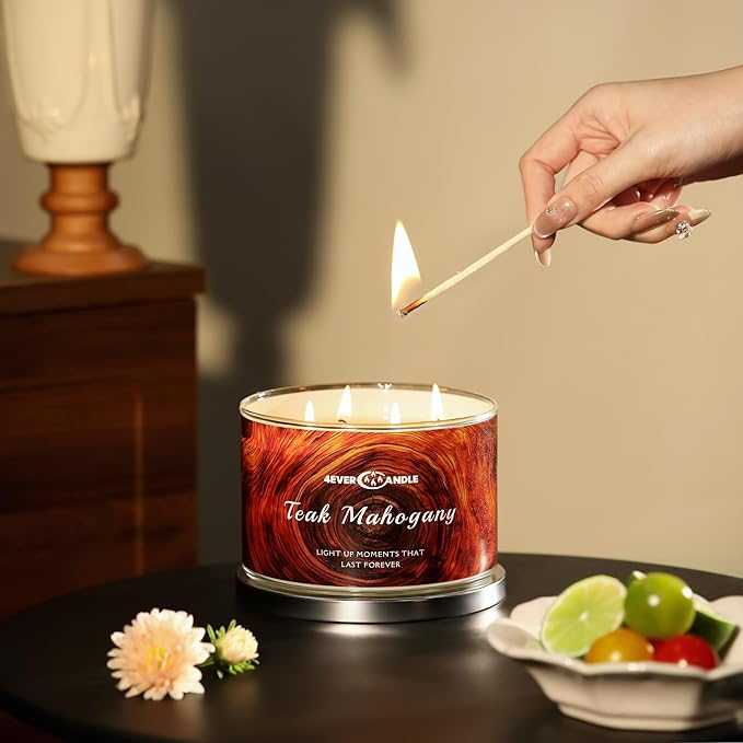 Soy Wax Blend Candle for Home, 4-Wick Candles in Teakwood & Mahogany Scented, Aromatherapy Candles Gift for Parties, Relaxing, Over 50 Hours of Burn Time, 18oz - Bloomnest
