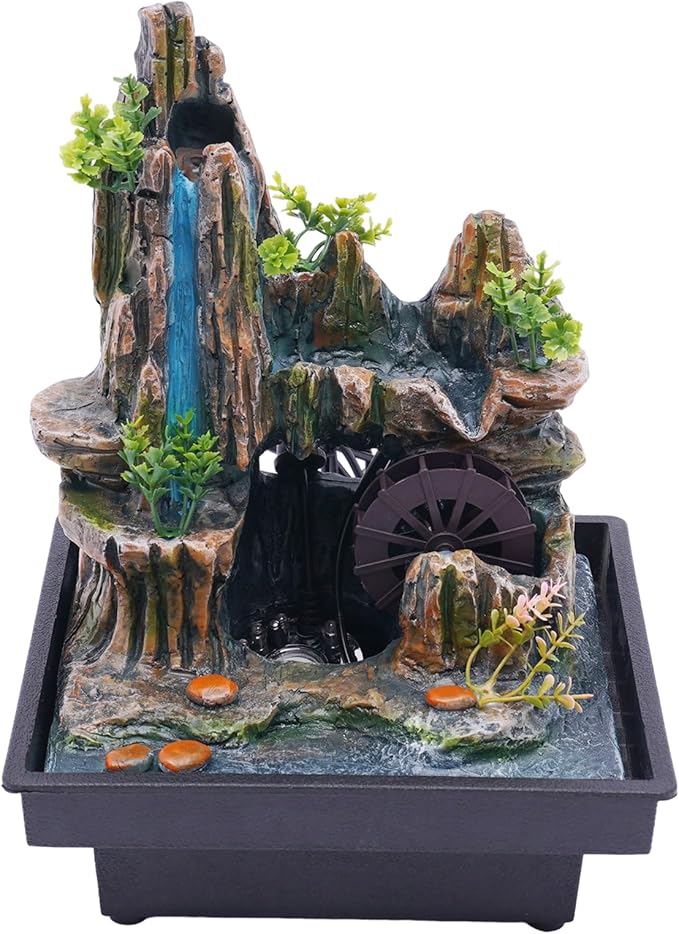 Small Fountain Rockery & Crystal Water Fountain Illuminated Waterfall, Indoor Relaxation Desktop Fountain Waterfall Feature with Automatic Pump for Home Office Bedroom Desk Décoration