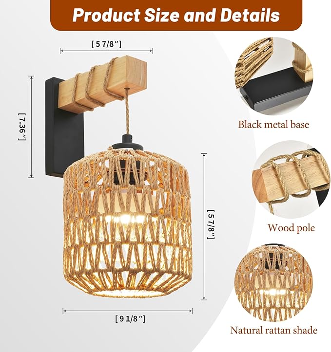 Battery Operated Wall Sconce Set of Two, Rechargeable Rattan Wall Sconces with Remote RGB 15 Colors Dimmable, Farmhouse Boho Wall Lights for Bedroom Living Room Entryway - Bloomnest