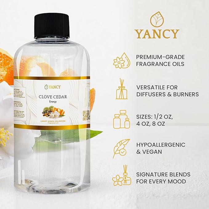 YANCY Clove Cedar Luxury Collection Fragrance Oil (1/2 oz), Earthy Clove and Cedarwood Aroma, Versatile Scent for Diffusers, Oil Burners & Aroma Lamps, Grounding Fragrance for Cozy Vibes YancySpa