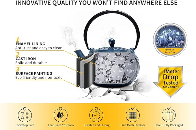 TOPTIER Japanese Cast Iron Tea Kettle with Infuser for Loose Leaf and Tea Bags, Stovetop Safe Teakettle with Enameled Interior, 40 oz (1200 ml), Navy Blue - Bloomnest