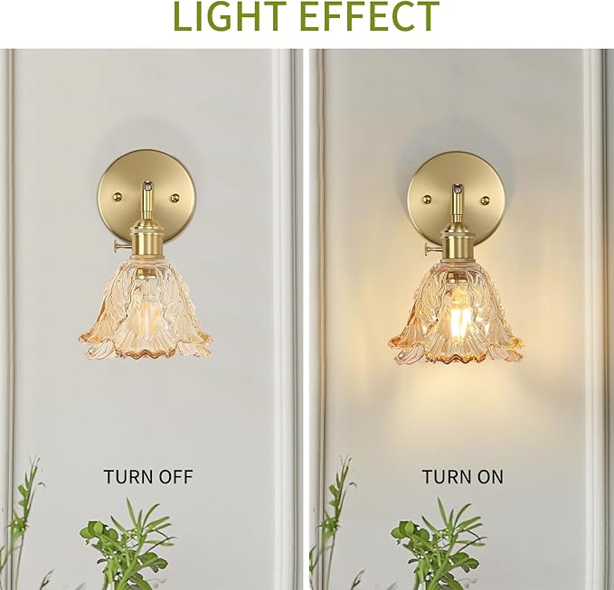 Vintage Wall Sconces, Cabbage Amber Lampshade & 180 Degree Adjustable, Brass Wall Lights, for Bedroom Living Room Hallway Aisle, Bulbs Not Included, ETL Listed - Bloomnest