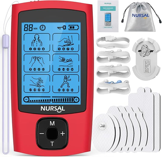 NURSAL 24 Modes TENS Unit Muscle Stimulator, Rechargeable Electronic Pulse Massager with 8 Pads for Back and Shoulder Pain Relief and Muscle Strength (Red) - Bloomnest