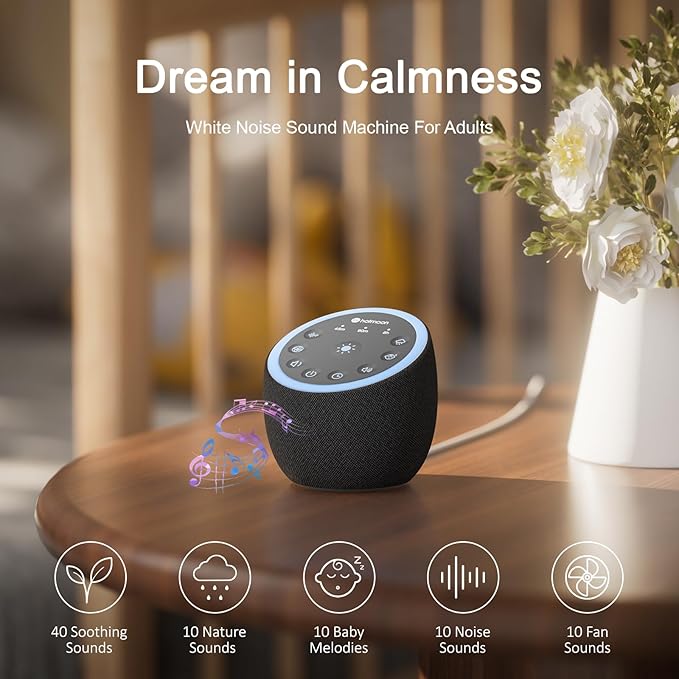 Hotmoon Sound Machine with 40 High-Fidelity Sounds, White Noise Sound Machine with Memory Functions, 8 Color Night Light, USB Power Supply, for Sleep & Noise Reduction Sleep Aid, Plug-in (Iron Black) - Bloomnest