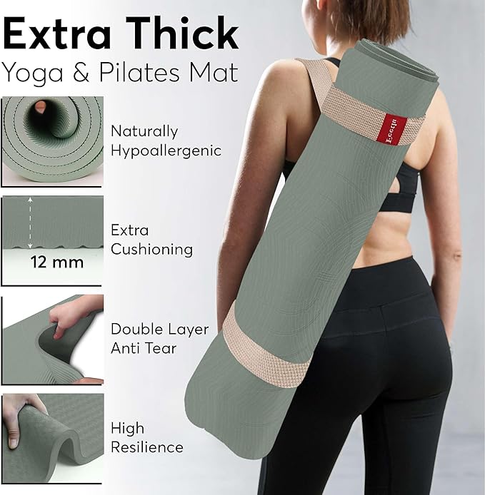 Extra Thick 12mm Exercise Mat – Non-Slip, Joint-Friendly & Cushioned Fitness Mat for Yoga, Pilates & Floor Workouts – Durable, Supportive & Includes Feetlu Classic Strap