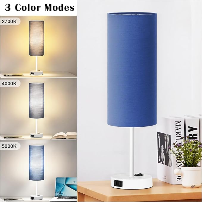 ZJOJO Table Lamp for Bedroom 2 Pack,18in Bedside Lamps with 3 Way Dimmable Rocker Switch & AC Outlet,Nightstand Desk Lamp with Blue Fabric Shade White Base for Living Room Home Decor Lights - Bloomnest
