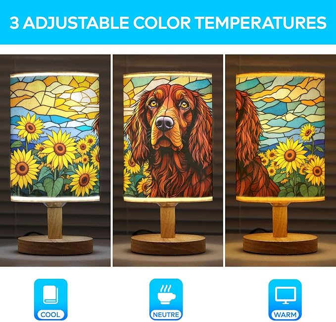Irish Setter Table Lamp LED 3-Color Pressed Bedside, Dog Shade Lamp with Wood Base for Bedroom Living Room Desk Office - Bloomnest