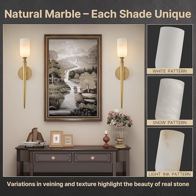 Vintage Alabaster Brass Wall Sconce: Set of 2 Antique Spanish Natural Marble Modern Vanity Wall Lights - 21.6" Long Linear Brushed Gold Sconces - Indoor Sconce for Bathroom Hallway Bedroom Living Room - Bloomnest