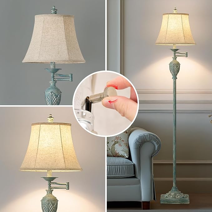 Traditional LED Floor Lamp with 350° Adjustable Swing Arm Lamp – Vintage Standing Pole lamp for Living Room, Bedroom and Office – Rustic Upright Floor Light for Home Décor with Faux Silk Fabric Shade - Bloomnest