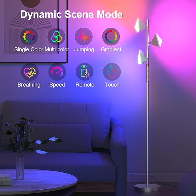 PARTPHONER RGB Tree Floor Lamp for Living Room, Stepless Dimmable Tall Standing Lamp with Remote, Touch Control and 3 Rotatable Light, Bright LED Lights for Bedroom with 4 Color-Changing, Sliver - Bloomnest