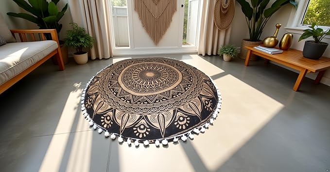 CRAFT KALA Boho Large Floor Pillow Pouf Cover Mandala Meditation Room Pillow Cover for Adults Round Bohemian Seating Pouf Cushion Cover for Kids Playroom 22" Black Golden - Bloomnest