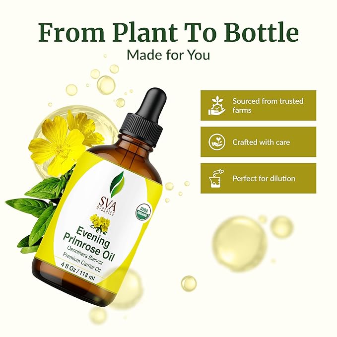 SVA Evening Primrose Oil Organic - 4 Fl Oz – 100% Natural Cold Pressed Organic Evening Primrose Oil - for Face, Skin Care, Hair Care, Scalp Massage & Body Massage – Carrier Oil with Dropper - Bloomnest