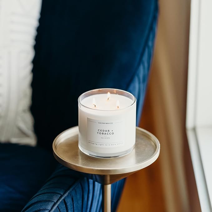Calyan Wax Co. Cedar & Tobacco 3 Wick Scented Candle - 43 Hour Burn - Luxury 3 Wick Soy Candles - Non Toxic Soy Wax Candles - Long Lasting Large Glass Jar Candle for Home - 14.9oz - Bloomnest