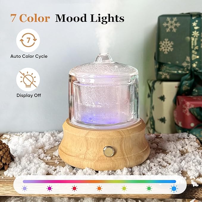 80ML Glass Essential Oil Diffuser with Glass Reservoir & Wood Base, Small Ultrasonic Aroma Diffusers with Auto-Off 7 Color for Home Office Bedroom Yoga
