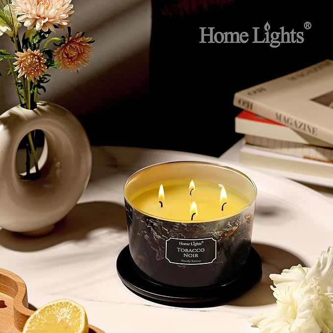 HomeLights Scented Candles for Women & Men, 18oz Candle Jars Aromatherapy 4-Wick Candle, Ideal for Industrial Chic Home Decor and Gifts, Tobacco Noir Fragrance - Bloomnest