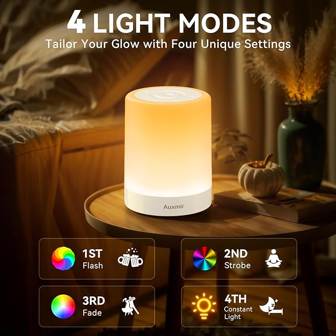 Auxmir Night Light for Kids Baby, Dimmable Touch Lamp for Nursery, 11 RGB Colors 5 Brightness, Portable Rechargeable Bedside Table Lamp for Nightstand, Kids Night Light for Bedroom Living Room, White - Bloomnest
