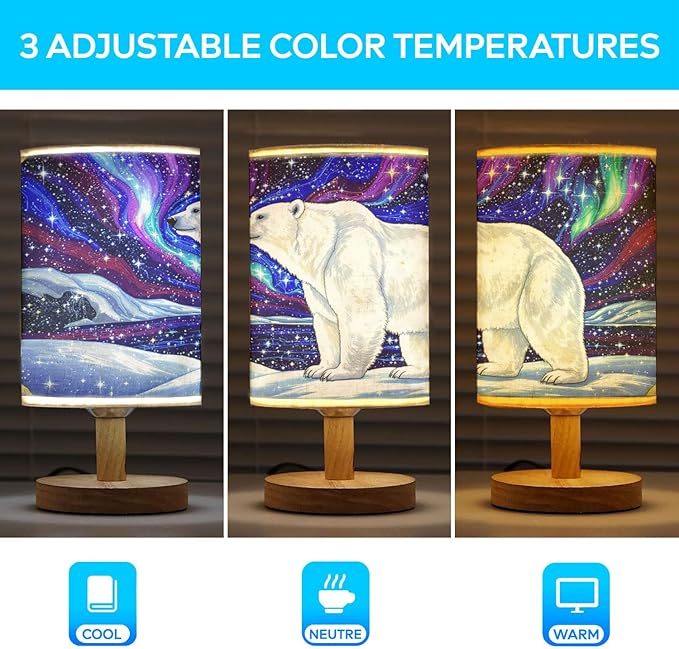 Polar Bear Table Lamp LED 3-Color Pressed Bedside for Merry Christmas, Polar Bear Shade Christmas Table Lamp with Wood Base for Bedroom Living Room Desk Office - Bloomnest