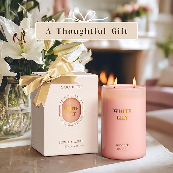 Goodpick Scented Candle White Lily, Soy Wax 22oz Long Burning 120H, Fresh Floral Citrus & Woody Musk, Home Aromatherapy Candles - Bloomnest