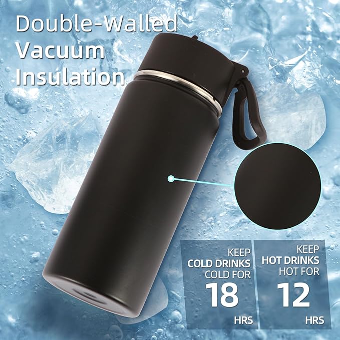 Volhoply 16 OZ Kids Water Bottle Bulk 4 Pack,Insulated Sports Bottles with Straw Lid,Stainless Steel Bottle with Handle Keep Cold & Hot,Double Wall Vacuum Tumbler Cups for School,Girls(Black, 4) - Bloomnest