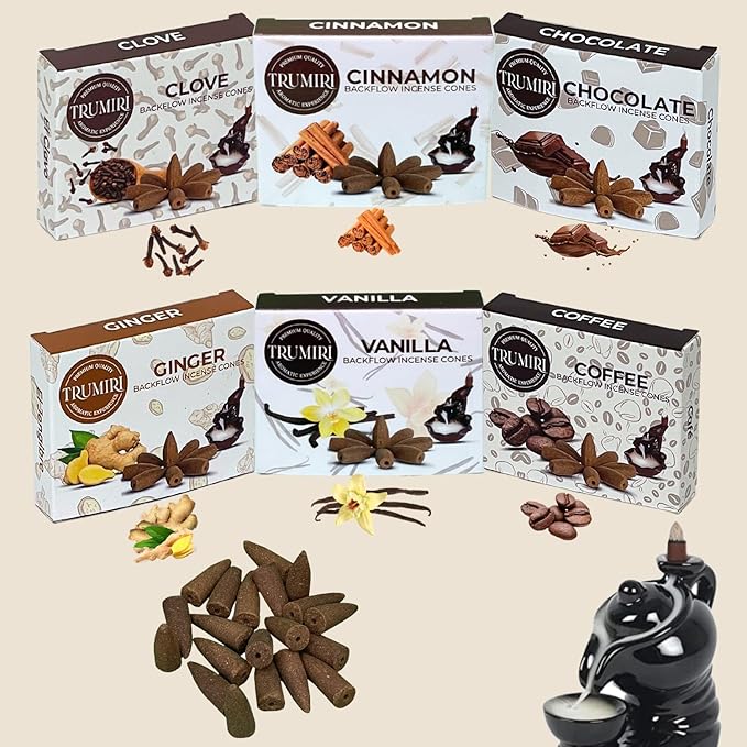Gourmet - Backflow Incense Cones for Waterfall - Scented Inscents-Cones - Cinnamon, Vanilla, Coffee, Chocolate, Clove, Ginger - Insiensos Aromaticos - 6x10=60 Large Variety Pack TRUMIRI