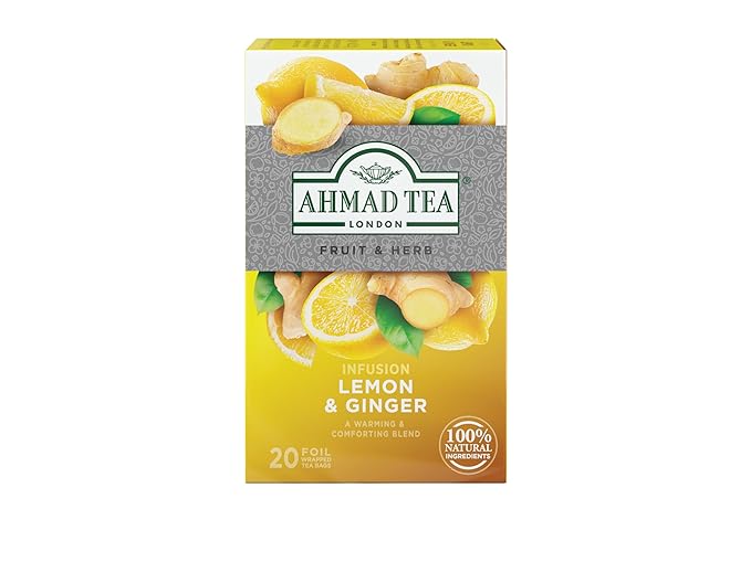 Ahmad Tea Herbal Tea, Lemon & Ginger Teabags, 20 ct (Pack of 1) - Decaffeinated & Sugar-Free - Bloomnest