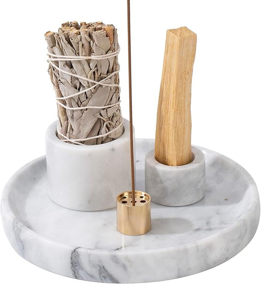4 in 1 Marble Incense Holder, Natural Marble Incense Burner for Meditation, 9 Incense Holes Suitable for Most Incense Types (White) - Bloomnest