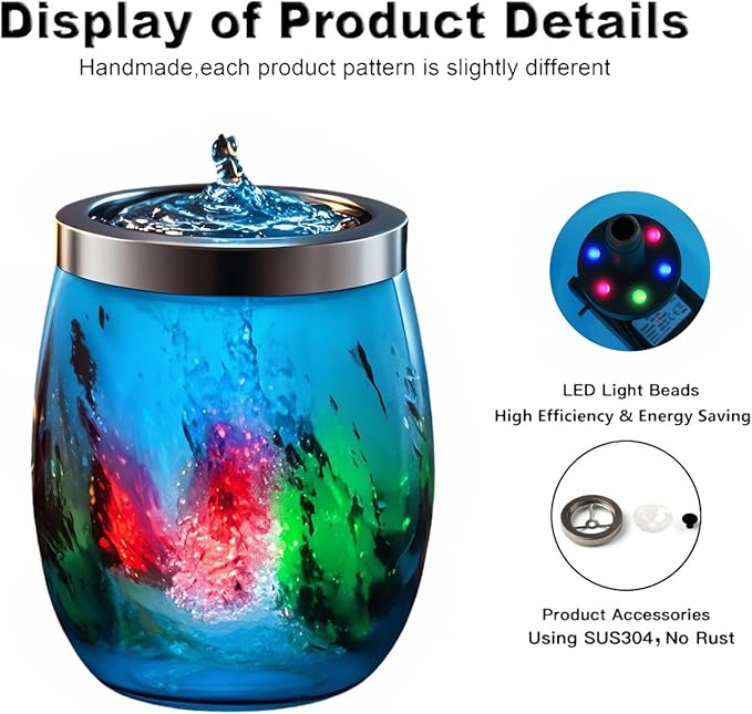 VOREEN Handblown Glass Tabletop Fountain - Art Glass Indoor Fountain with Color-Changing Glow - Artistic Indoor Water Feature with Optional Aromatherapy for Home, Spa, Office Décor - Blue - Bloomnest